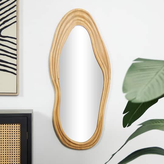 41" Brown Wood Abstract Wavy Wall Mirror with Dimensional Carved Frame